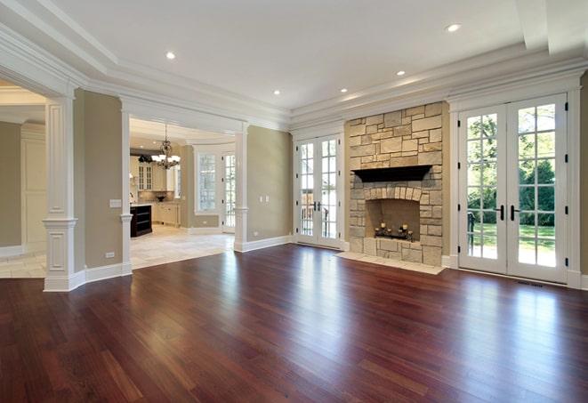 modern kitchen with rich, dark hardwood flooring